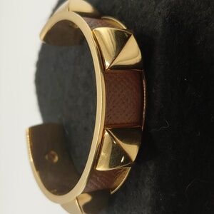 HERMES Brown Lizard Gold Plated Cuff Studded Bangle Bracelet! VGVC! COA
